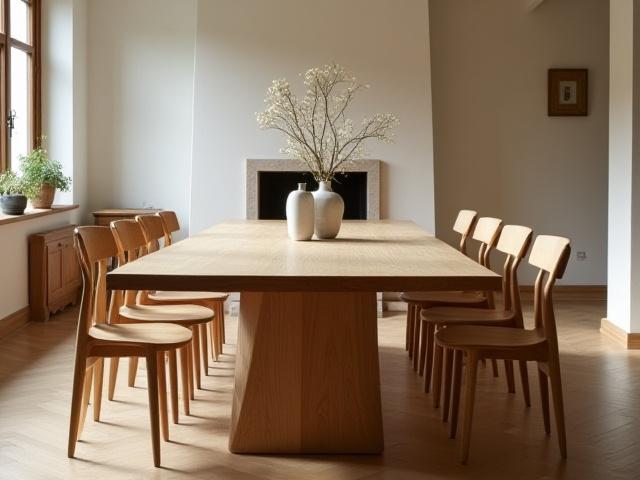 Håndlaget massivt tre spisebord i et lyst, åpent rom